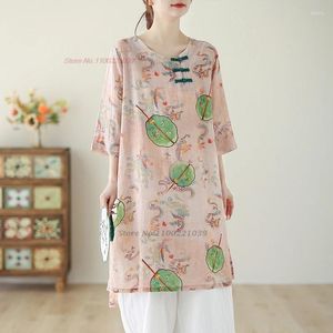 Etniska kläder 2024 Traditionell kinesisk vintage folkblus National Flower Print O-Neck Loose Oriental Tang Suit Hanfu Tops