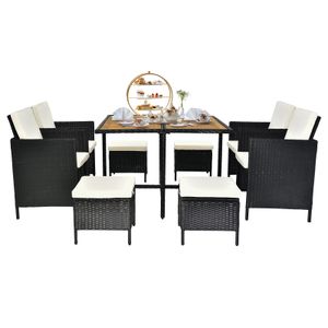 9 кусочков Acacia Wood Patio Set Set, Space Saving плетеные стулья с мягкими подушками и деревянным столом, открытая мебель для садового двора у бассейна, Black