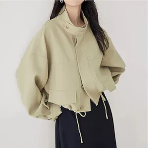 Women's Trench Coats Spring Stand Up Collar Design With Drawstring Windbreaker Jacket Short Loose Fitting Fashionable Casual Coat