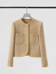 Kvinnans jackor 2024 Autumn Tweed Jacket Chic Single-Breasted Round Neck Elegant Wool Short Coat Femme Luxury Outwear Casacos