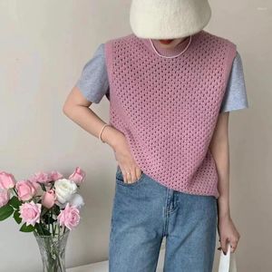 Frauenwesten rundes Nackenweste elegantes Strick -Tan -Top für Frauen im japanischen Stil für Frauen O Pullover mit hohlen gestricktem Design GLASTE LOSS