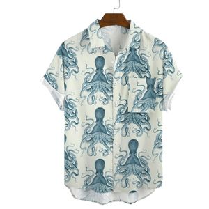 Molilulu Mens Fashion Vintage Clothing Octopus Short Sleeve Breathable Loose Printing Hawaiian Shirts 240407