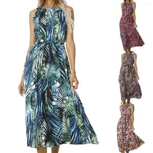 Casual Dresses Vintage Floral Leafs Print Maxi Dress For Women Bohemian Off Shoulder Halter Long Summer Lace Up Holiday Party