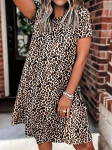 Plus Size Casual Dress Leopard Print High Stretch Tank Sleep Short Sleeve Round Neck 240419