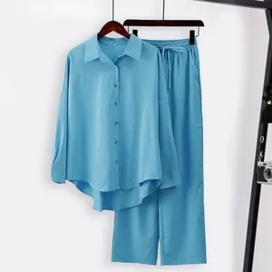 Kvinnors tvåbitar byxor 2 datorer/set Women Blus Set Solid Color Loose Single-Breasted Fall Shirt Suit Elastic Midje Deep Crotch Outfit