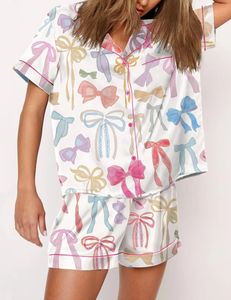 Y2K Bow Boots Print Satin Pyjamas Short Set For Valentines Day Satin Silk PJS Sleepwear Loungewear Lounge Set for Women 240426