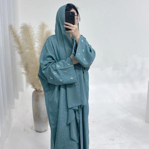 Etniska kläder kimono cardigan moon emboyidery abayas kvinnor muslimska klänning kalkon dubai öppen abaya islamisk jalabiya eid djellaba mantel klänning klänning