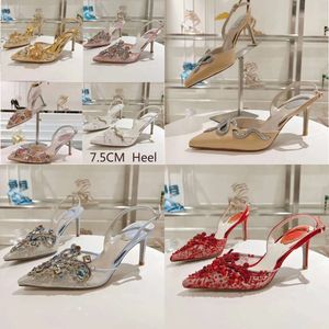 Caavilla Rene Sandals Mulheres 7,5 cm de altura Sapatos de gabarito de designer de renda Mesh Crystal Decoration Fashion Wedding Shoes Original Quality