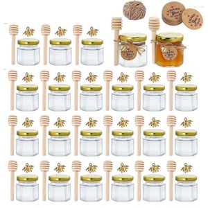 Storage Bottles Honey With Mini Bab 1. Rope Small Wood Pendant Jute Jam Candies For Hexagon Jar Dipper Gold Glass Lid Bee Containers