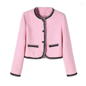 Damenjacken rosa Tweedjacke für Frühlings-/Herbstkleidung funkelnder gewebter Gürtel Spleißen süßes und duftendes kurzes Top