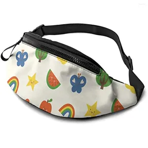 Sırt çantası güzel çizgi film meyveleri ayarlanabilir fanny paketi bel çantaları spor egzersiz için kulaklık deliği ile