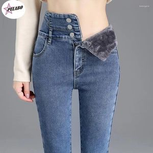 Kvinnors jeans pulabo y2k vinter tjock sammet kvinnor hög midja mager enkel fleece varm smal passform stretch damer casual denim blyertsbyxa