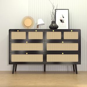 Modern Minimalist 6-Drawer Wood Storage Chest of Drawers with Rattan Doors and Gold Handles