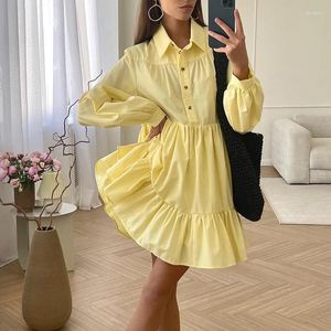 Casual Dresses Women Fashion Turnows Loose Shirt Dress Autumn Long Sleeve Solid A-Line Spring Elegant Button Parted Party