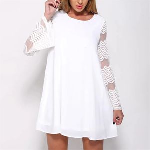Elegancka siatka splicing rozszerzone rękaw białe sukienki Women o szyja luźne puloby szyfonowe sukienki streetwearne szatę femme 240424