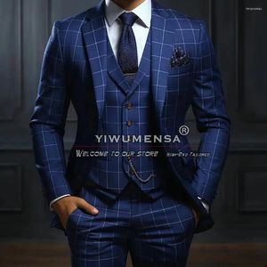 Abiti da uomo uomini d'affari vintage uomini navy a strisce a strisce pantaloni giubbotti a controllo 3 pezzi da ballo da ballo da sposa su misura da sposa