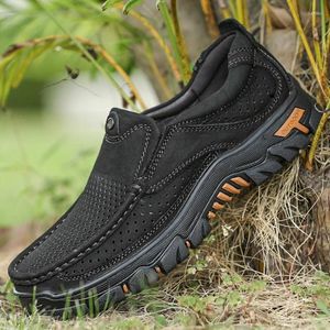 Casual Shoes Men's Outdoor Hollow Big Leather Hiking With Soft Soles And Non-slip Fashion Wild Tide