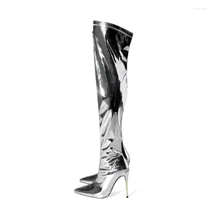 Boots MKKHOU Fashion Over Knee Women's High Quality Pointed Metal Thin Heel Sexy Thigh Modern Winter Silver Long