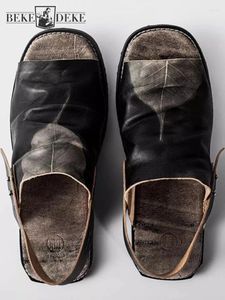 Sandals Handmade Summer Mens Leaf Printed Cowhide Genuine Leather Open Toe Vintage Gladiator Shoes Flats Slip On Loafers
