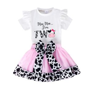 Baby princess clothes sets toddler girls cartoon letter printed falbala fly sleeve T-shirt cow pattern Bows lace tulle skirt 2pcs toddler kids outfits Z7929