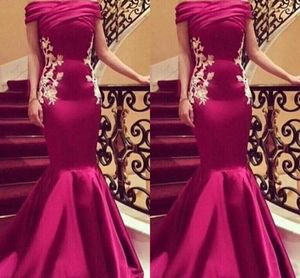 Party Dresses Applique Formal Satin Prom Gown V-Neck Evening Dress Trumpet Mermaid Off-Shoulder Floor-Length NONE Train Custom