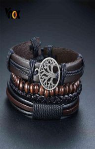 Vnox 4Pcs Set Braided Wrap Leather Bracelets for Men Vintage Life Tree Rudder Charm Wood Beads Ethnic Tribal Wristbands9912504