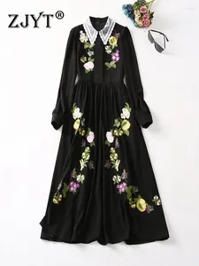 Vestidos casuais ZJYT Bordado floral Long preto para mulheres 2024 Designer de passarel