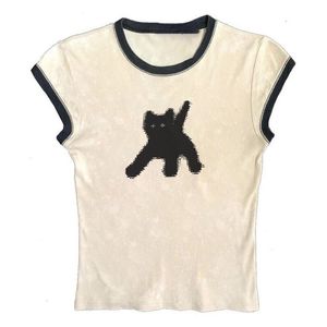 Y2Kクロップトップ女性ハラジュクTシャツゴシックかわいいキャットプリントストリートウェアグラフィックスリムティーカワイイサマーセクシーファム服240417