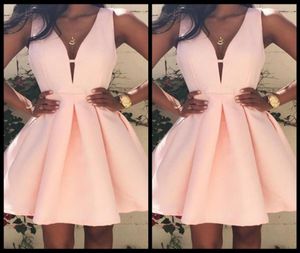 Pink Plain Pleated Zipper V Neck Sleeveless Sexy Homecoming Cute Mini Dress Simple Cheap Dresses Evening Wear8470904