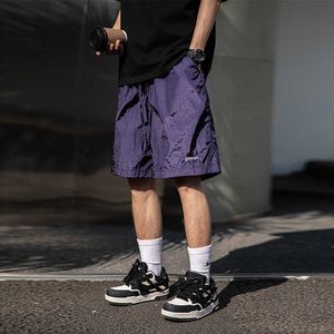 Han Lu Mens Metal Texture Beach Shorts for Summer New Versatile Straight Leg Casual Contrast Embroidered Split Pants