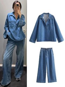 Women Denim Two Piece Sets 2024 Sping Summer Blue Long Sleeve Turn Down Collar Casual Top Wide Leg Pants Female Simple Suits 240419