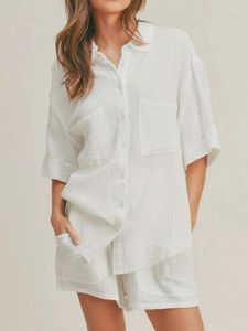 Kvinnors sömnkläder Linad White Pyjamas för kvinnor 2 -stycken Set Cotton Short Sleeve Homewear Kvinnliga kostymer med shorts 2024 Spring Casual