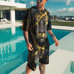 Mens Suit Summer Short Sleeve Oneck Tshirt Set Fashion 2 Piece Streetwear 3D Tiger Printed Habeweii Beach Shorts Sportwear 240419