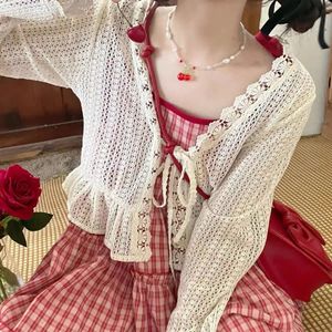 Korean Sweet and Lovely Girl S-8xl Plus Size Hollow Out Sun Protection Cardigan Strawberry Plaid Halting Dress Two-piece Set 240418