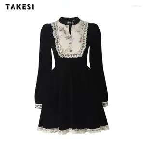 Casual Dresses 2024 Winter Vintage Patchwork Long Sleeve Embroidery Mini Women Elegant Stand Collar Chinese Style Black Dress