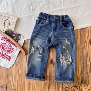 DD style Kids hole jeans girls elastic waist loose denim pants fashion children double pocket casual cowboy trousers Z7915