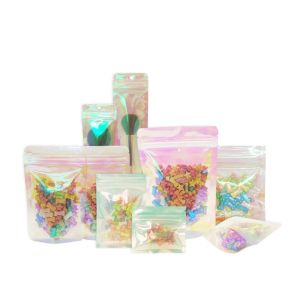 Bags 100 Pcs Iridescent Zip lock Bags Pouches Cosmetic Plastic Laser Iridescent Bags Holographic Makeup Bags Hologram Zipper Bags