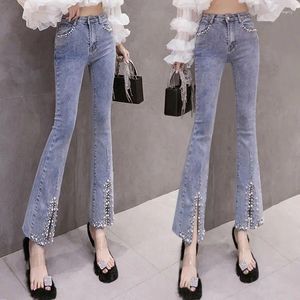 Frauen Jeans schlanker angemessener Frühling 2024 Neun Punkt Hosen Nagel Perle Flare High Taille Split geteilt