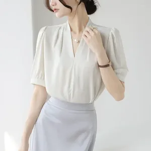 Женские блузки летние темпераменты с коротким рукавом V Sect All-Match Tops Solid Color Simploity Blouse Fashion Elegant Women Clothing