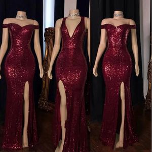 Bourgogne sequined Long Bridesmaid Dress Side Slitte Off Shoulder Sexig Prom Dress for Women 2024 Glitter Wedding Guest Party Clown Simple Mermaid Evening Wear