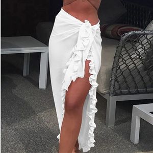 Kvinnor Sunscreen Half Dress Sexig Chiffon Badkläder Cover Up Ruffle Solid See Through Summer Kaftan Sarong Beach Long 240416