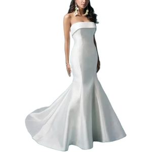 Classy Mermaid Strapless Satin Wedding Dresses Long Sleeveless Ivory Vestido de novia Trumpet Bridal Gowns with Covered Buttons for Women