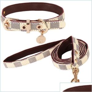 Dog Collars Leashes Designer Leather Collar And Leash Set Adjustable Basic Check Pattern Durable Harness With Metal Buckle Suitabl Dro Ota9X