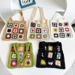 Women Boho Woven Tote Summer Beach Handbag Floral Handmade Weaving Shoulder Bags Hand Crochet Bag Flower Stitching Shopper Bag 240426