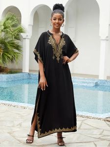 Boho Embroidery V Neck Bikini Cover-ups Summer Autumn Loose Kaftan Dress Women Plus Size Beachwear Swimsuit Cover Up Q1545 240412