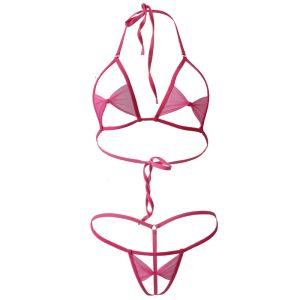 Set bikini Sexy Sling Hollow Lotion Transparent chiffon Bow Open file Thong swimwear women swimsuit biquini bikinis monokini