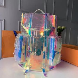 Designer Laser ryggsäck klassiska unisex handväskor toppkvalitet PVC -material reser ryggsäck mode bländande färgglada bokstäver tryckta transparenta ryggsäckar