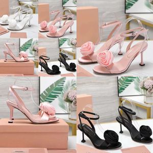 Elegant White Flower Decorated Wedding Sandals Women Casual 8.5Cm High Heel Satin Designer Shoes Round Open Toe Party Dress Shoe Original Quality