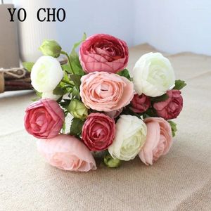 Wedding Flowers YO CHO 10 Heads Mini Silk Tea Rose Artificial Flower Bride Hand Bouquet Fake Pink White Home Vase Decoration