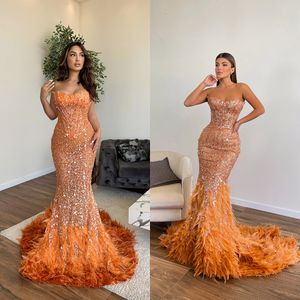 Feather Strapless Prom Dress Sparking Sequined Lace Evening Gowns Sleeveless Beading Robe De Soiree